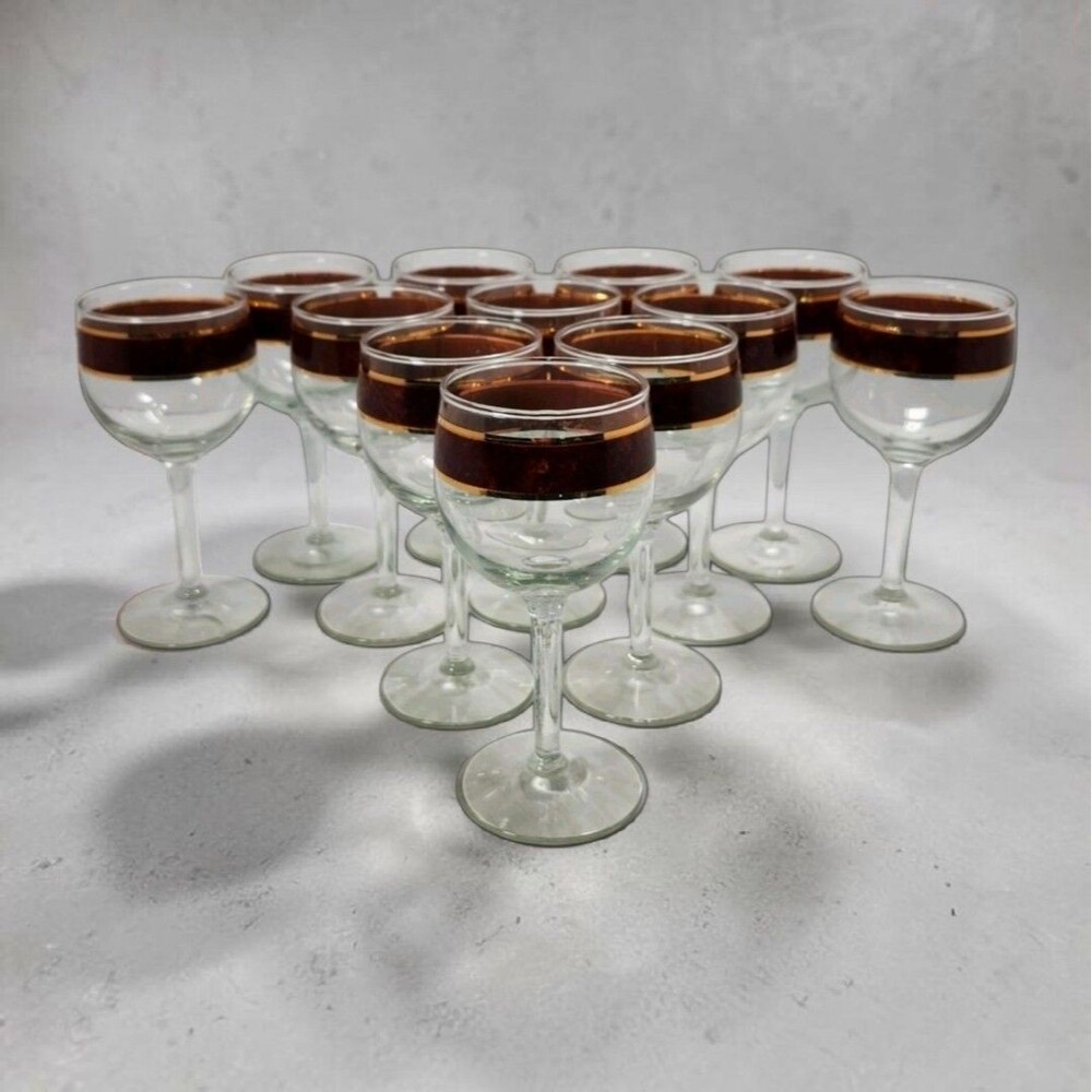12 Culver Tortoiseshell Brazilian Brown Wine Goblets 22K Gold Mid Century Bar